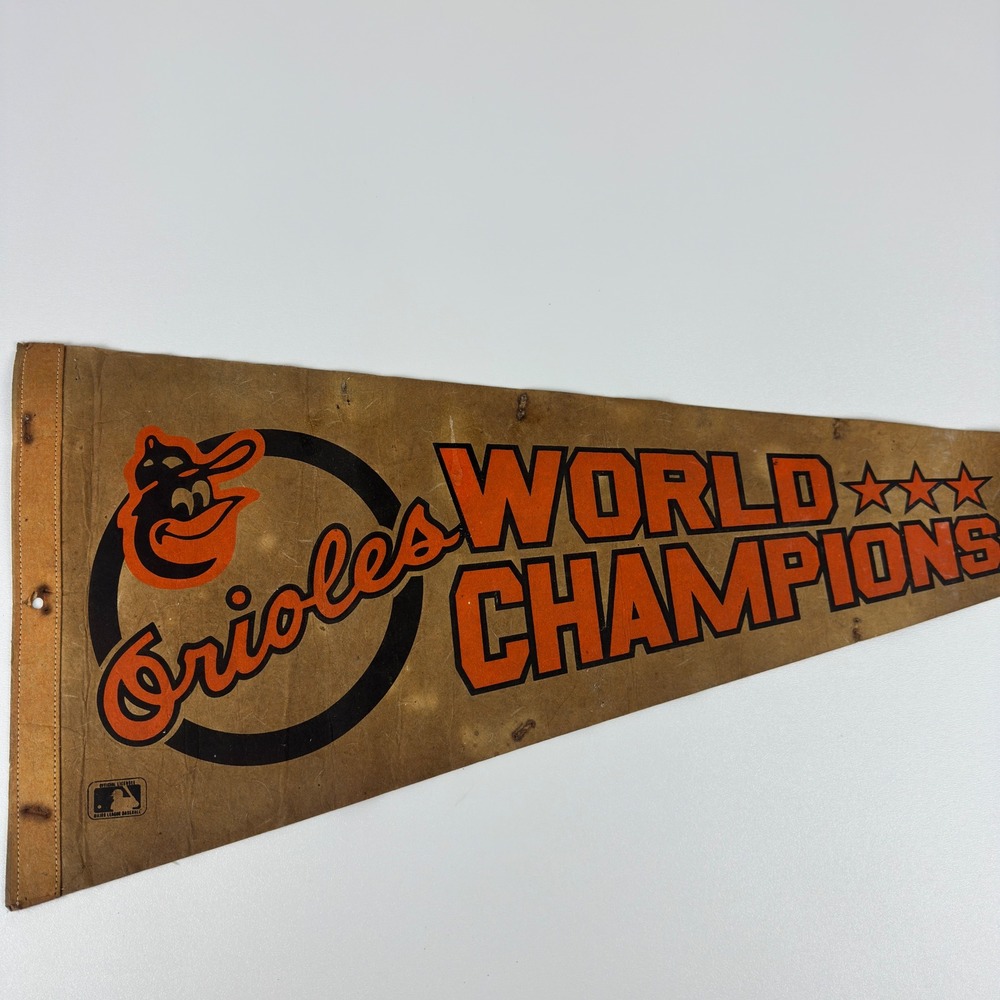 Vintage 1983 Baltimore Orioles World Champions MLB Felt Pennant 29 Inch Tan